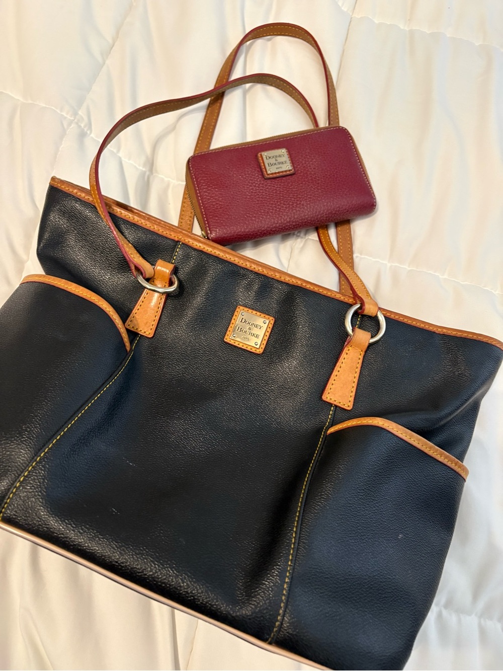 Dooney & Bourke Black Tote with Tan Trim and Burgundy Wallet
